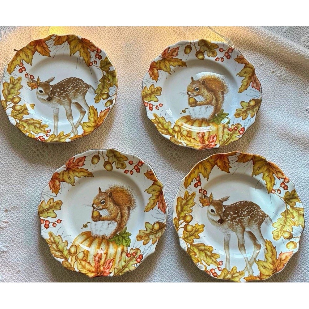 Pier 1 Mazey Critters Porcelain Luncheon Plates Set of 4 Squirrel Deer Rare Fall